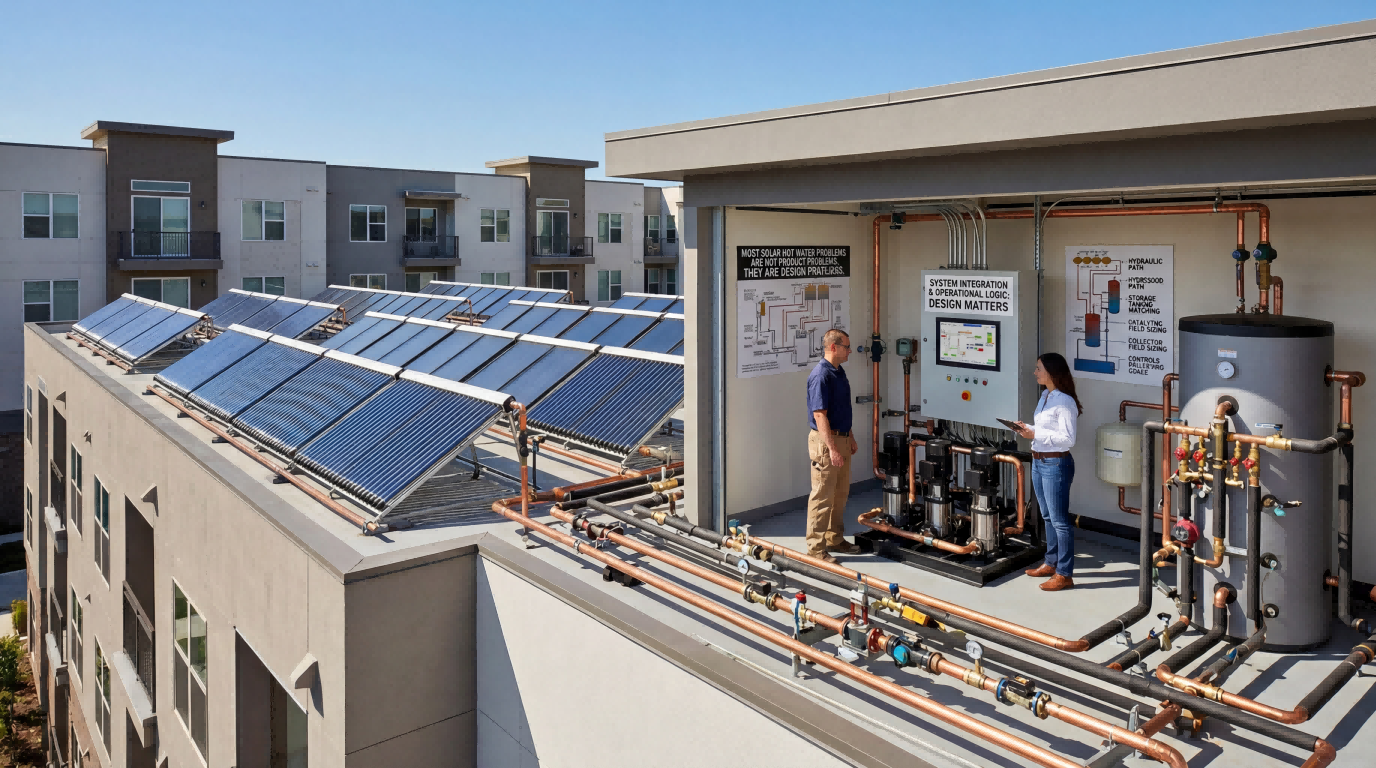 System design and integration of a pressurized solar water heater with collector array, storage tank, pipework, and control logic